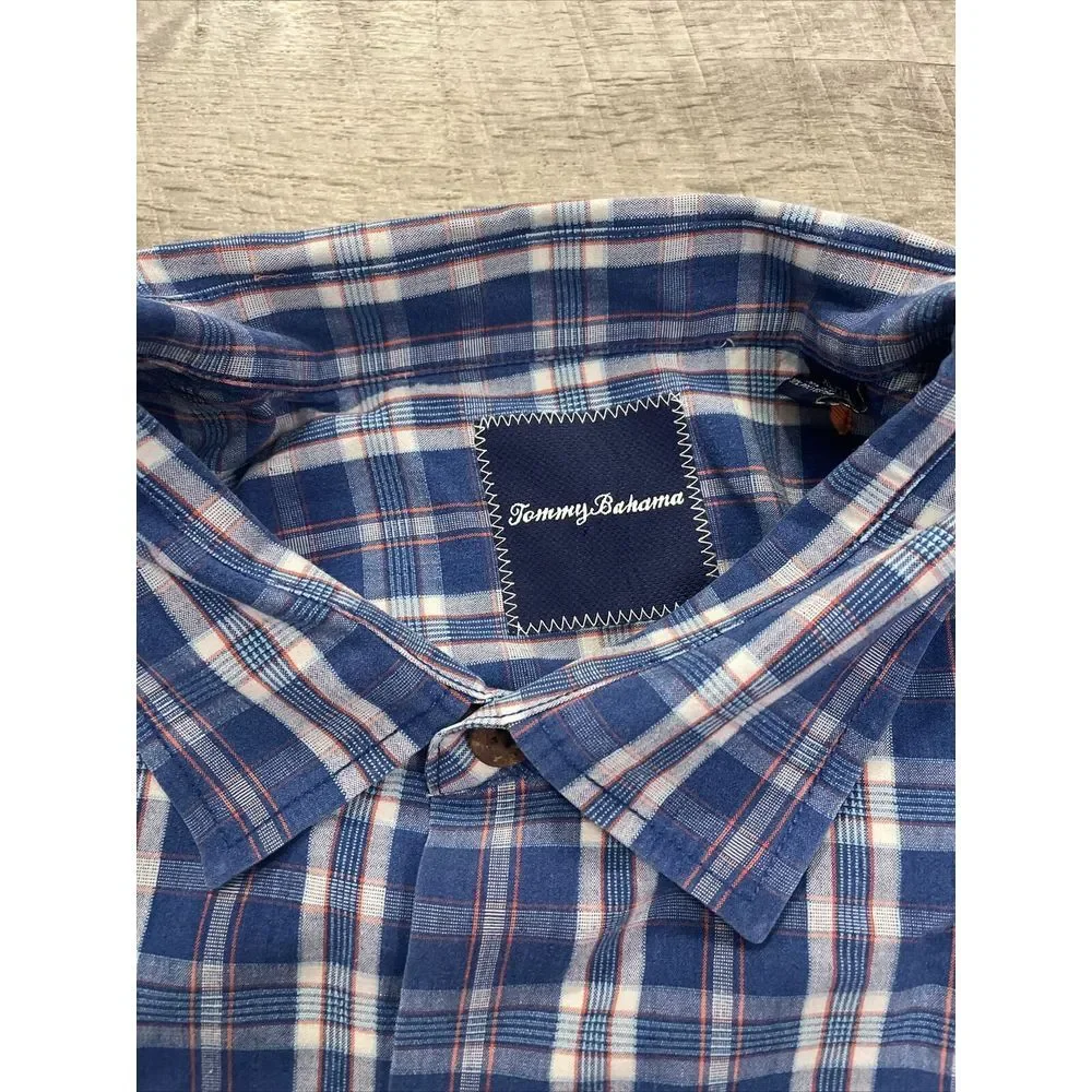 Tommy Bahama‎ Button Up Shirt Men's XL Silk Blend Blue Plaid Islandzone Hawaiian